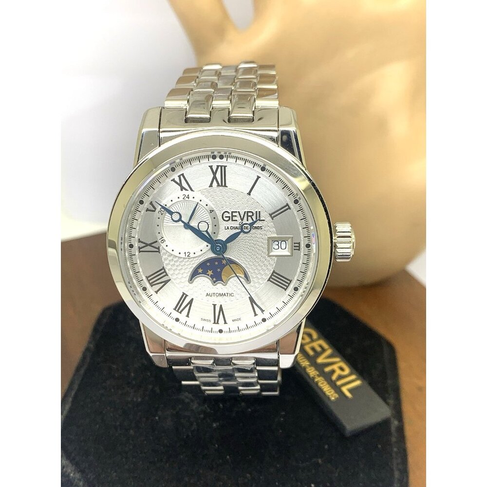 Gevril Men's Watch 2590B Madison Swiss Automatic Moon Phase Silver Steel 39mm
